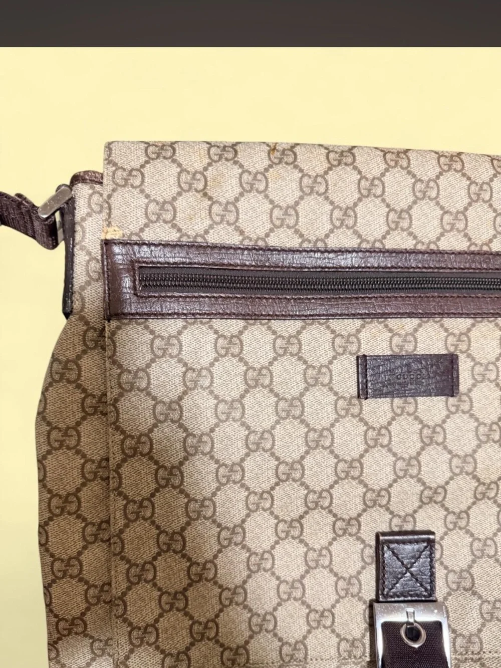 Gucci Beige & Brown GG Monogram Messenger Bag with Front Zip